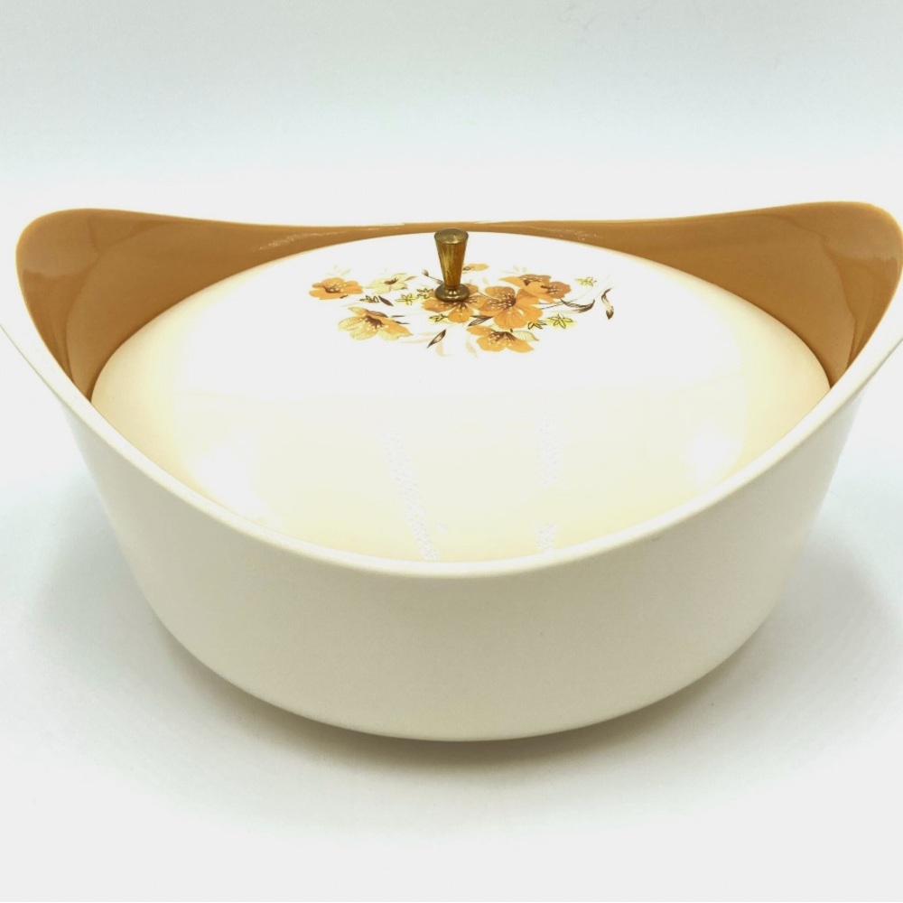 70s Taylor SmithTaylor Ever Yours Wood Rose Cream Orange Brown Casserole Dish